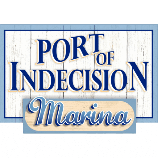 A sign with blue and gold text reads Port of Indecision, featuring a stylish Marina logo below on a wood-style plank, all set against a white wood background.